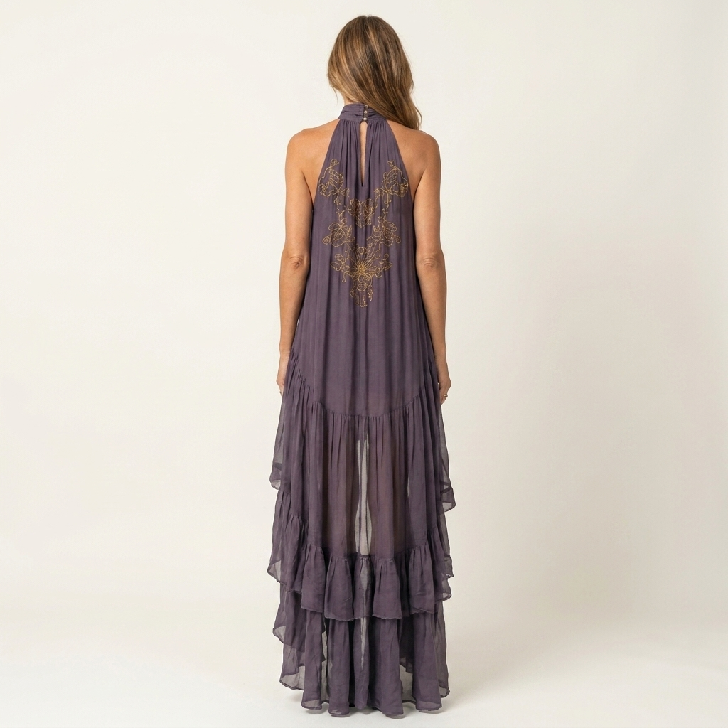 Keyla | Halter-Neck Embroidered Hi-Low Ruffle Maxi Dress