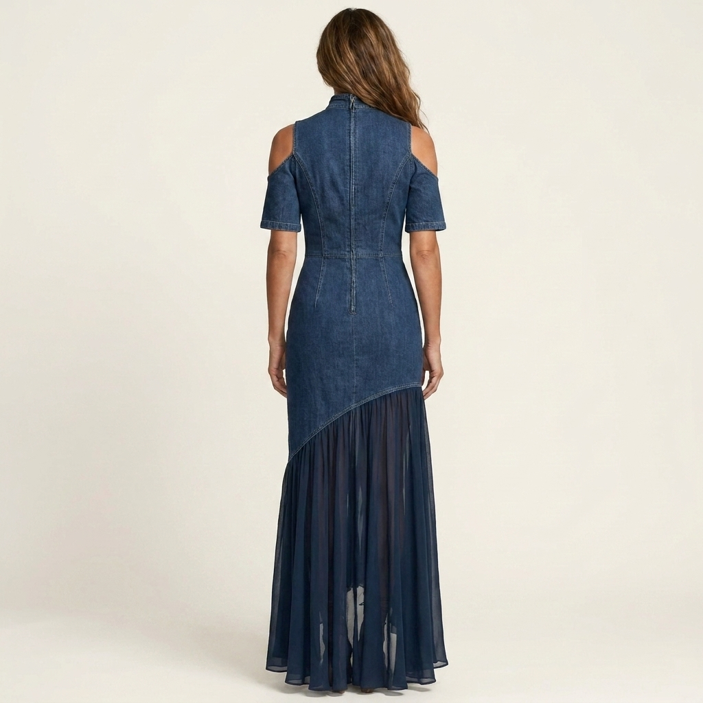 Jaimee | Denim Maxi Dress With Cold Shoulders