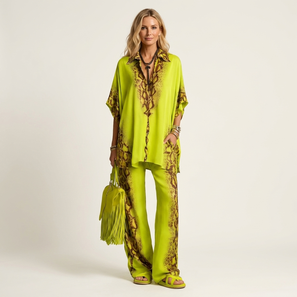 Riola | Cotton-Linen Two-Piece Set With Printed Oversized Top And Wide-Leg Pants