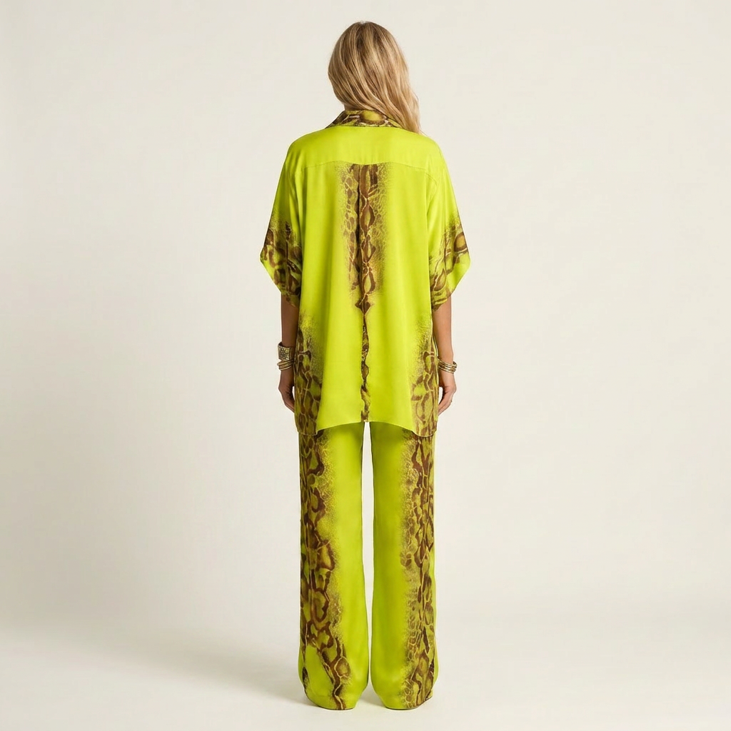 Riola | Cotton-Linen Two-Piece Set With Printed Oversized Top And Wide-Leg Pants