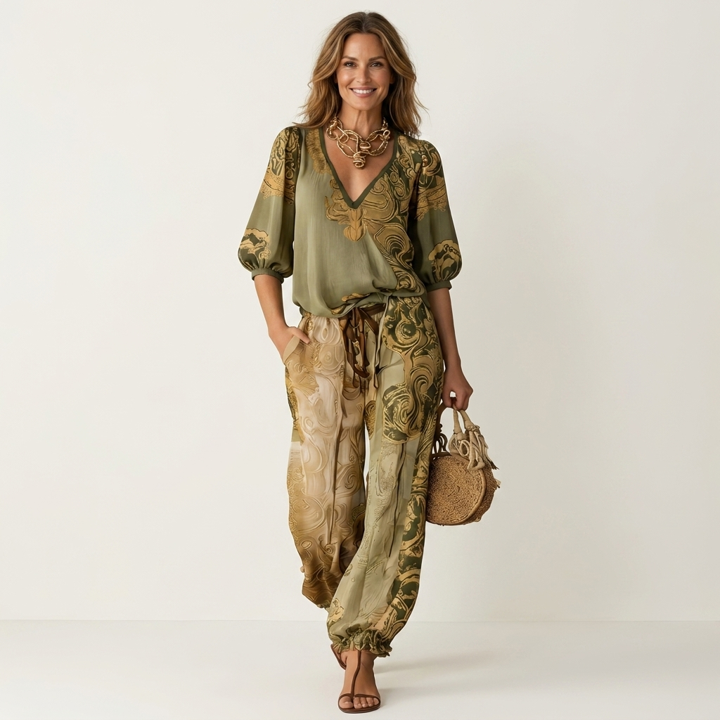 Arialla | Viscose Two-Piece Set With Deep V Blouse And Wide-Leg Pants