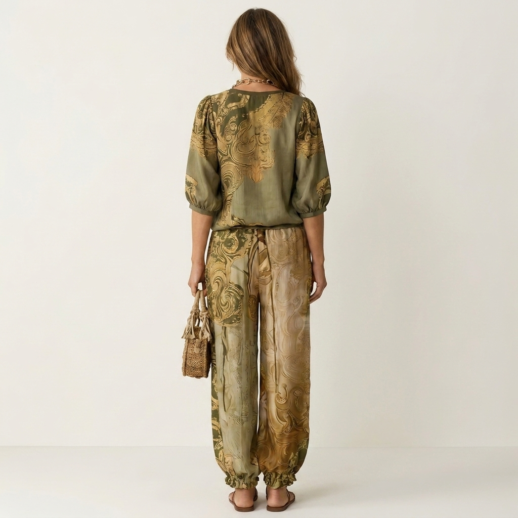 Arialla | Viscose Two-Piece Set With Deep V Blouse And Wide-Leg Pants