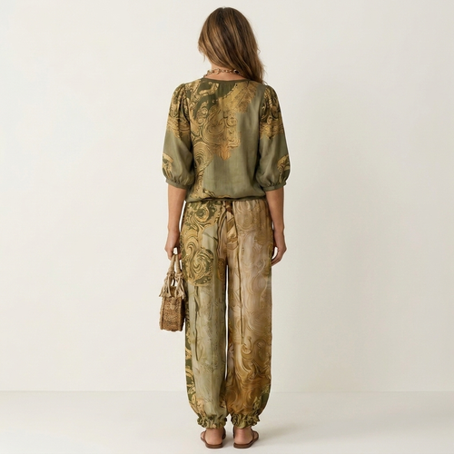 Arialla | Viscose Two-Piece Set With Deep V Blouse And Wide-Leg Pants