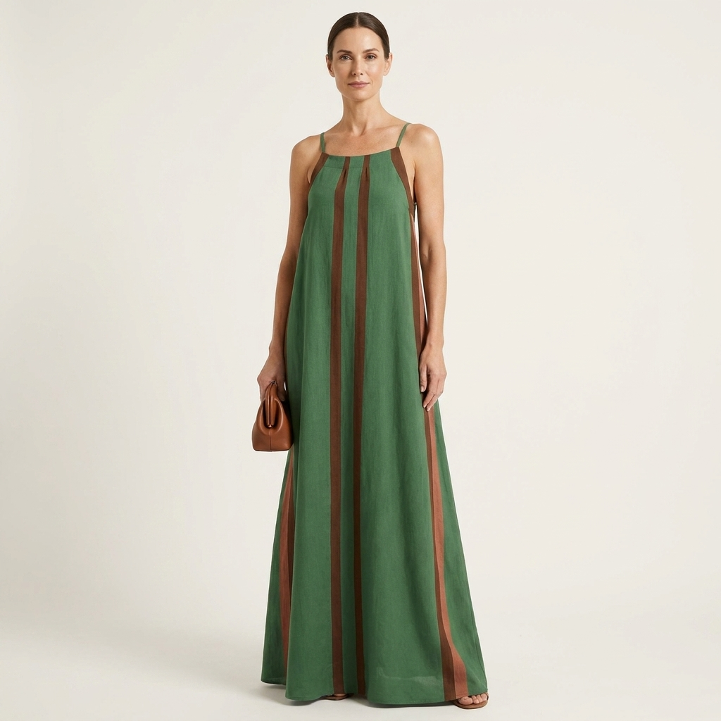 Veleria | Cotton-Blend A-Line Maxi Dress With Contrast Stripe
