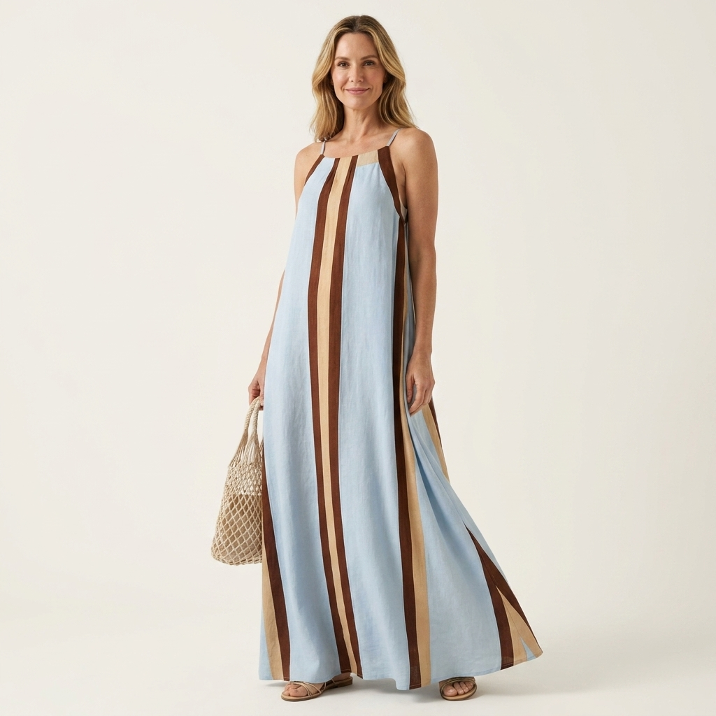 Veleria | Cotton-Blend A-Line Maxi Dress With Contrast Stripe