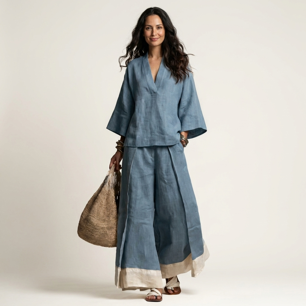 Pemmy | Cotton-Linen Two-Piece Set With Kimono Top And Contrast-Hem Wide-Leg Pants