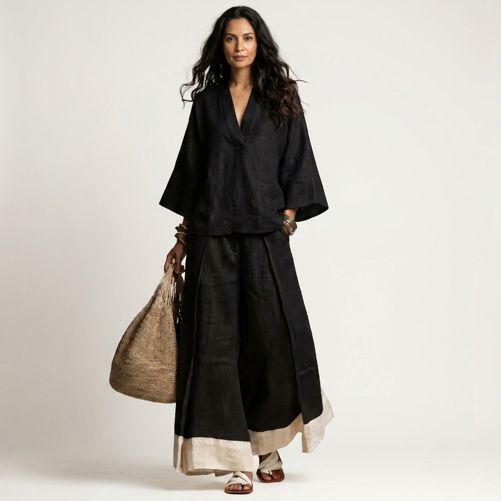 Pemmy | Cotton-Linen Two-Piece Set With Kimono Top And Contrast-Hem Wide-Leg Pants
