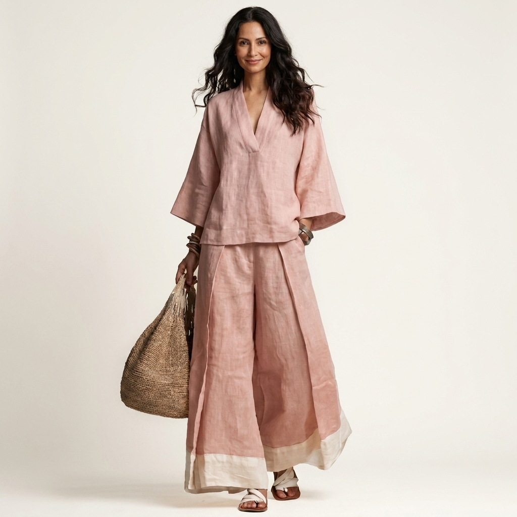 Pemmy | Cotton-Linen Two-Piece Set With Kimono Top And Contrast-Hem Wide-Leg Pants