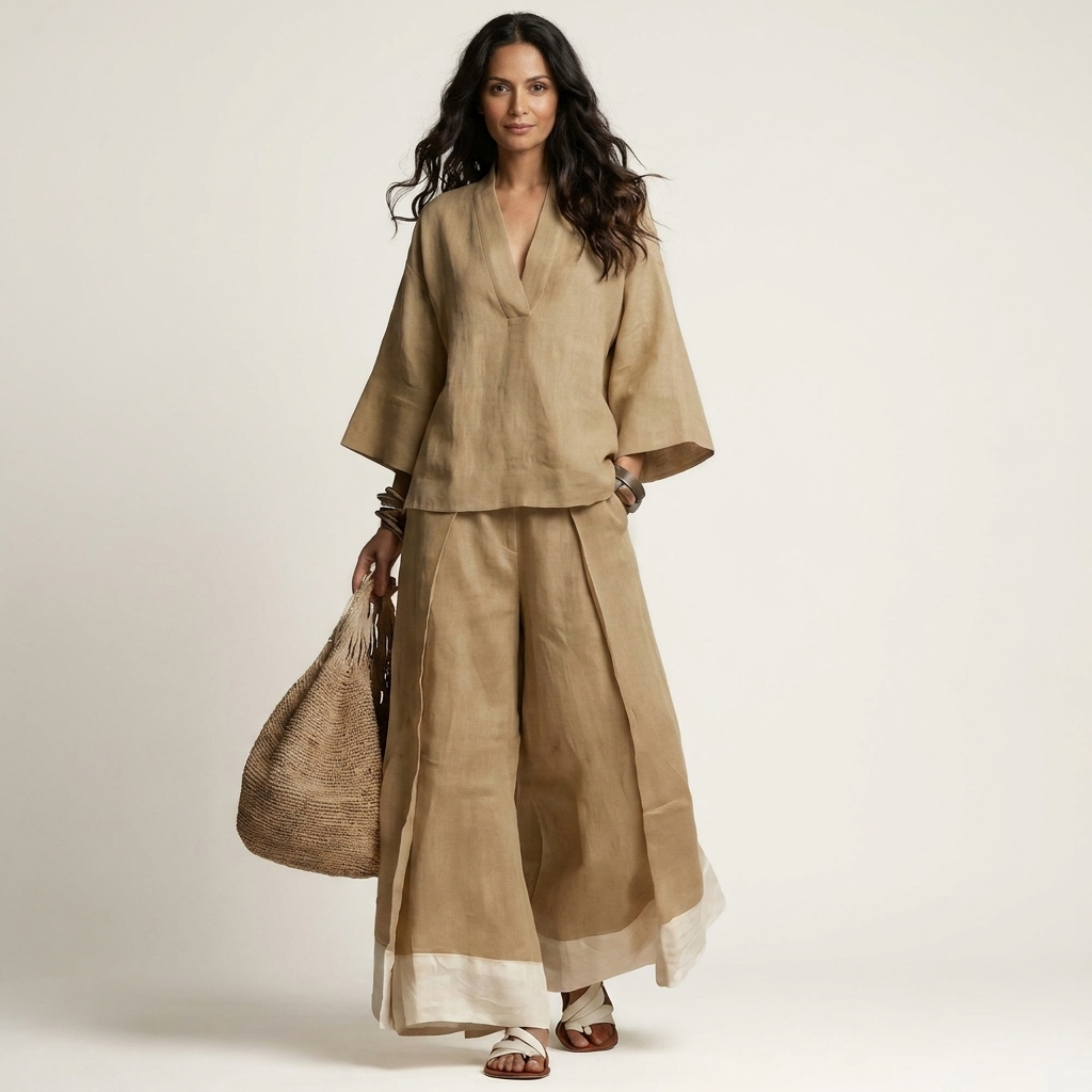 Pemmy | Cotton-Linen Two-Piece Set With Kimono Top And Contrast-Hem Wide-Leg Pants