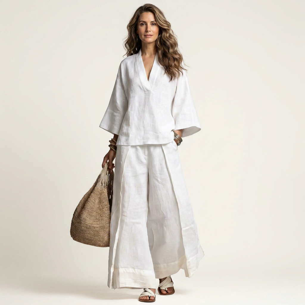 Pemmy | Cotton-Linen Two-Piece Set With Kimono Top And Contrast-Hem Wide-Leg Pants