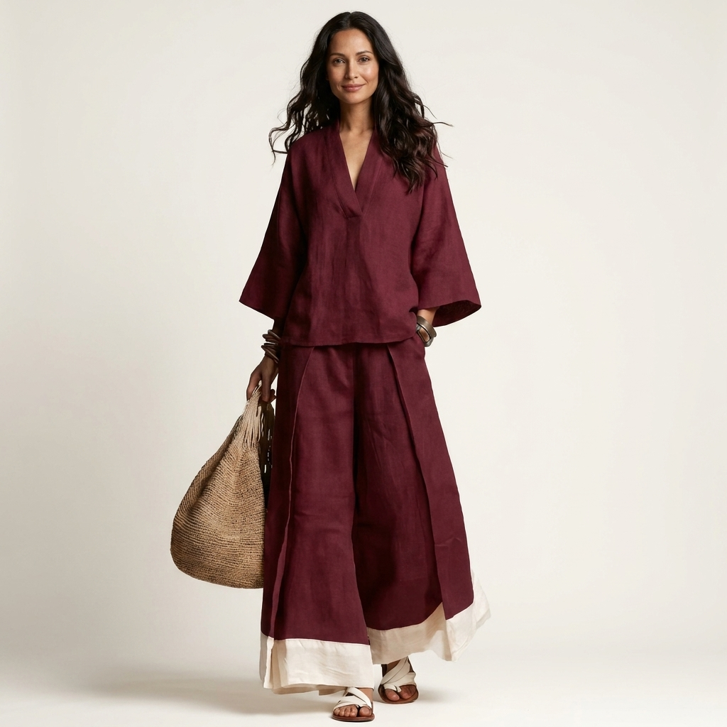 Pemmy | Cotton-Linen Two-Piece Set With Kimono Top And Contrast-Hem Wide-Leg Pants