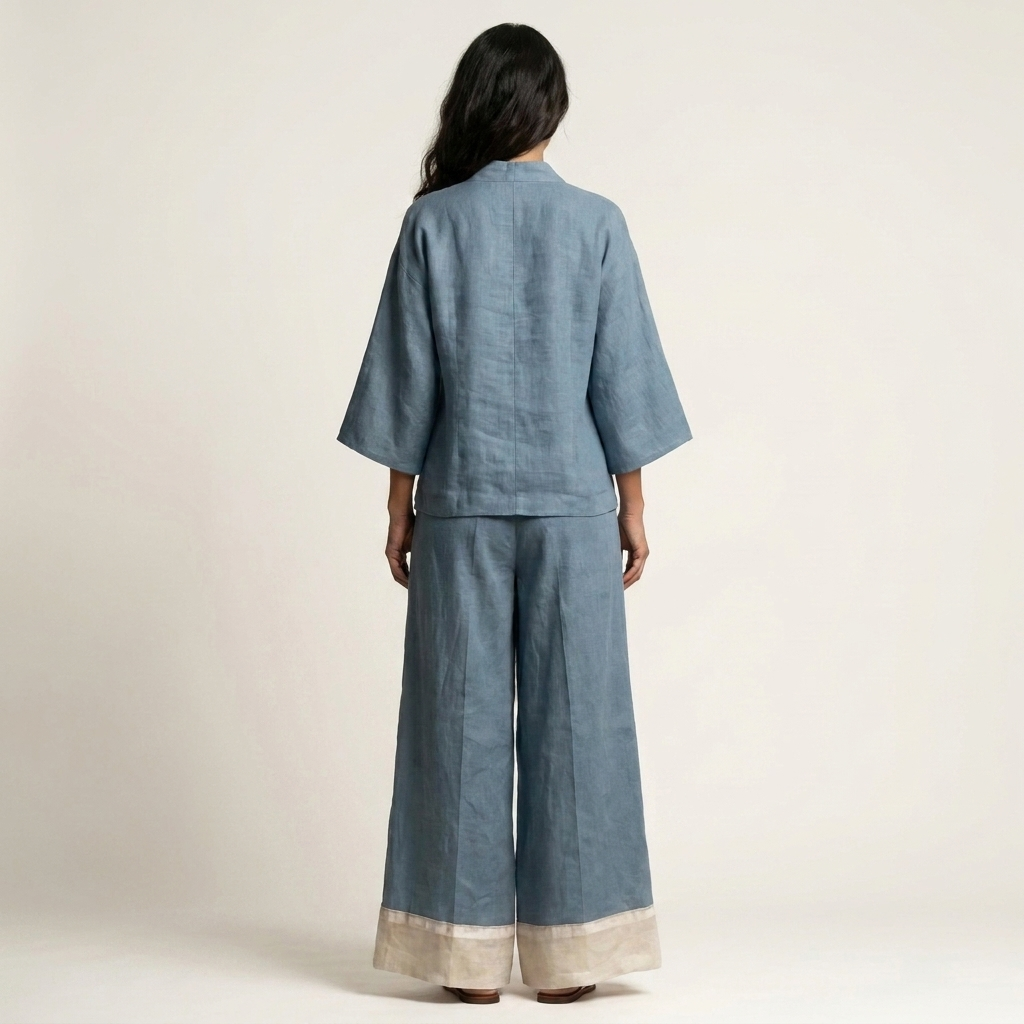 Pemmy | Cotton-Linen Two-Piece Set With Kimono Top And Contrast-Hem Wide-Leg Pants