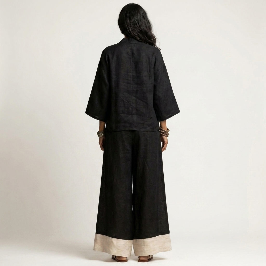 Pemmy | Cotton-Linen Two-Piece Set With Kimono Top And Contrast-Hem Wide-Leg Pants