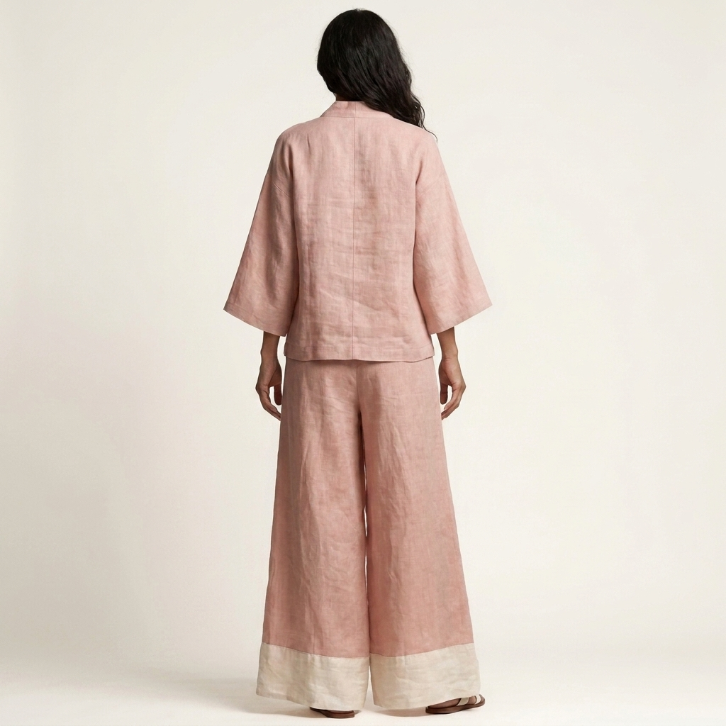 Pemmy | Cotton-Linen Two-Piece Set With Kimono Top And Contrast-Hem Wide-Leg Pants