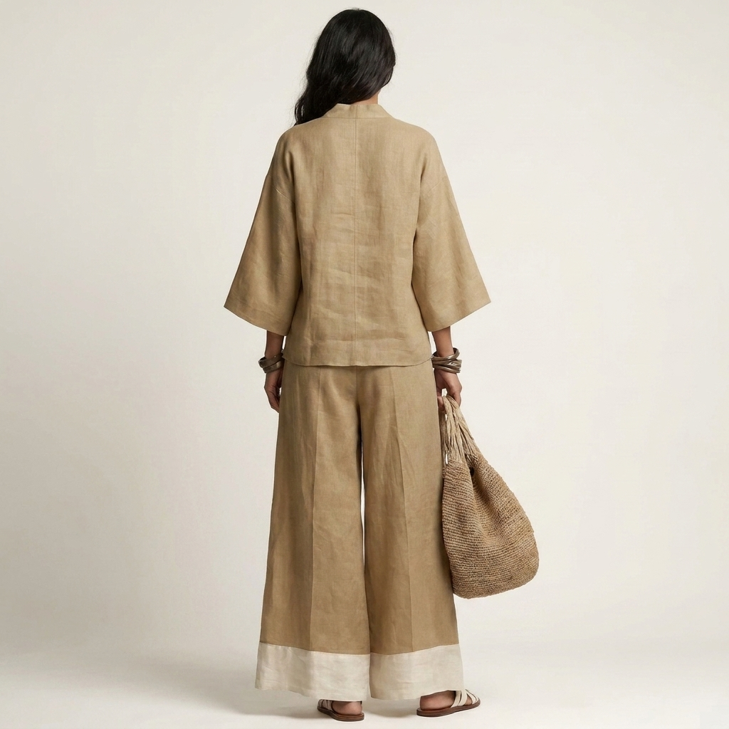 Pemmy | Cotton-Linen Two-Piece Set With Kimono Top And Contrast-Hem Wide-Leg Pants