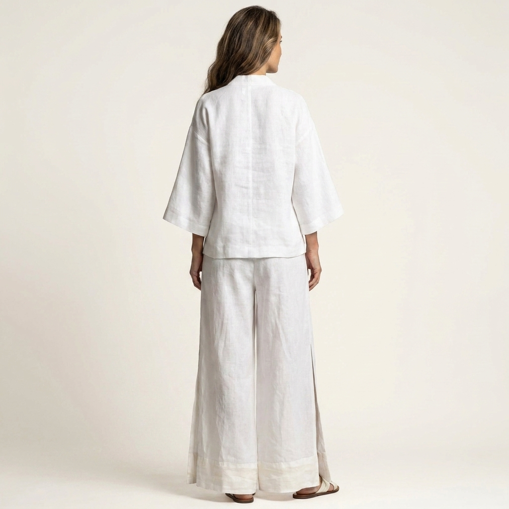 Pemmy | Cotton-Linen Two-Piece Set With Kimono Top And Contrast-Hem Wide-Leg Pants