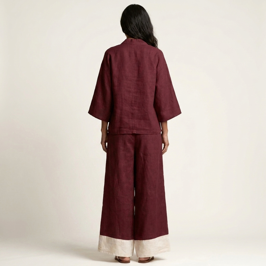 Pemmy | Cotton-Linen Two-Piece Set With Kimono Top And Contrast-Hem Wide-Leg Pants