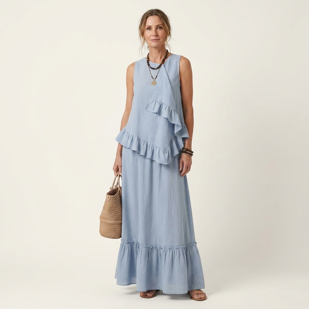 Kilana | Cotton-Linen Two-Piece Set With Ruffled Top And Tiered Maxi Skirt