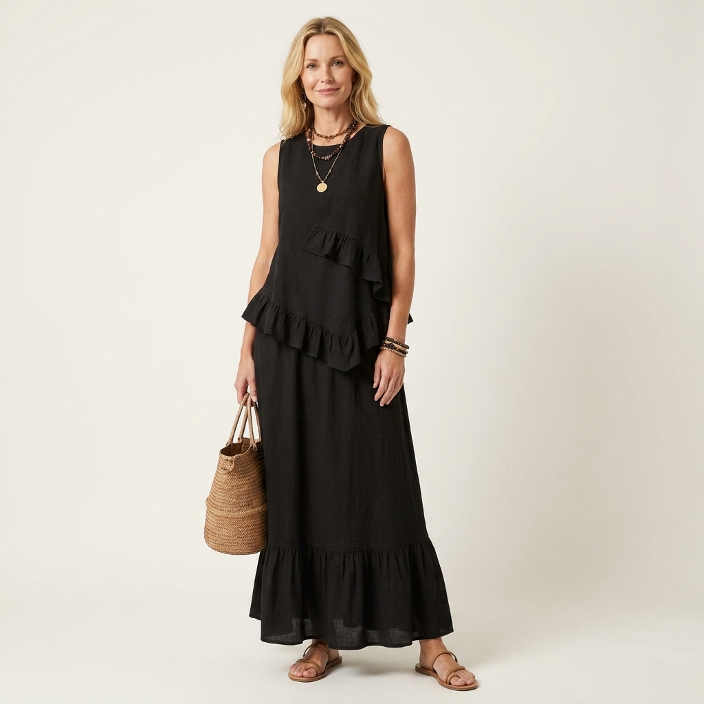 Kilana | Cotton-Linen Two-Piece Set With Ruffled Top And Tiered Maxi Skirt