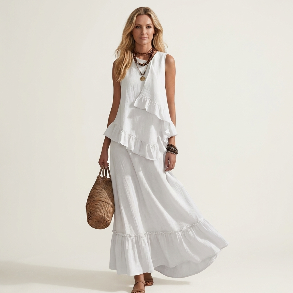 Kilana | Cotton-Linen Two-Piece Set With Ruffled Top And Tiered Maxi Skirt