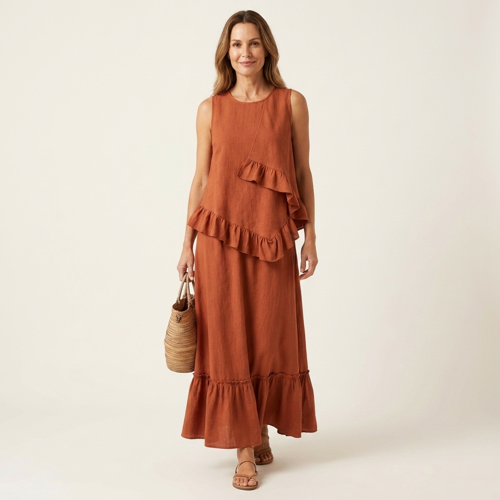 Kilana | Cotton-Linen Two-Piece Set With Ruffled Top And Tiered Maxi Skirt