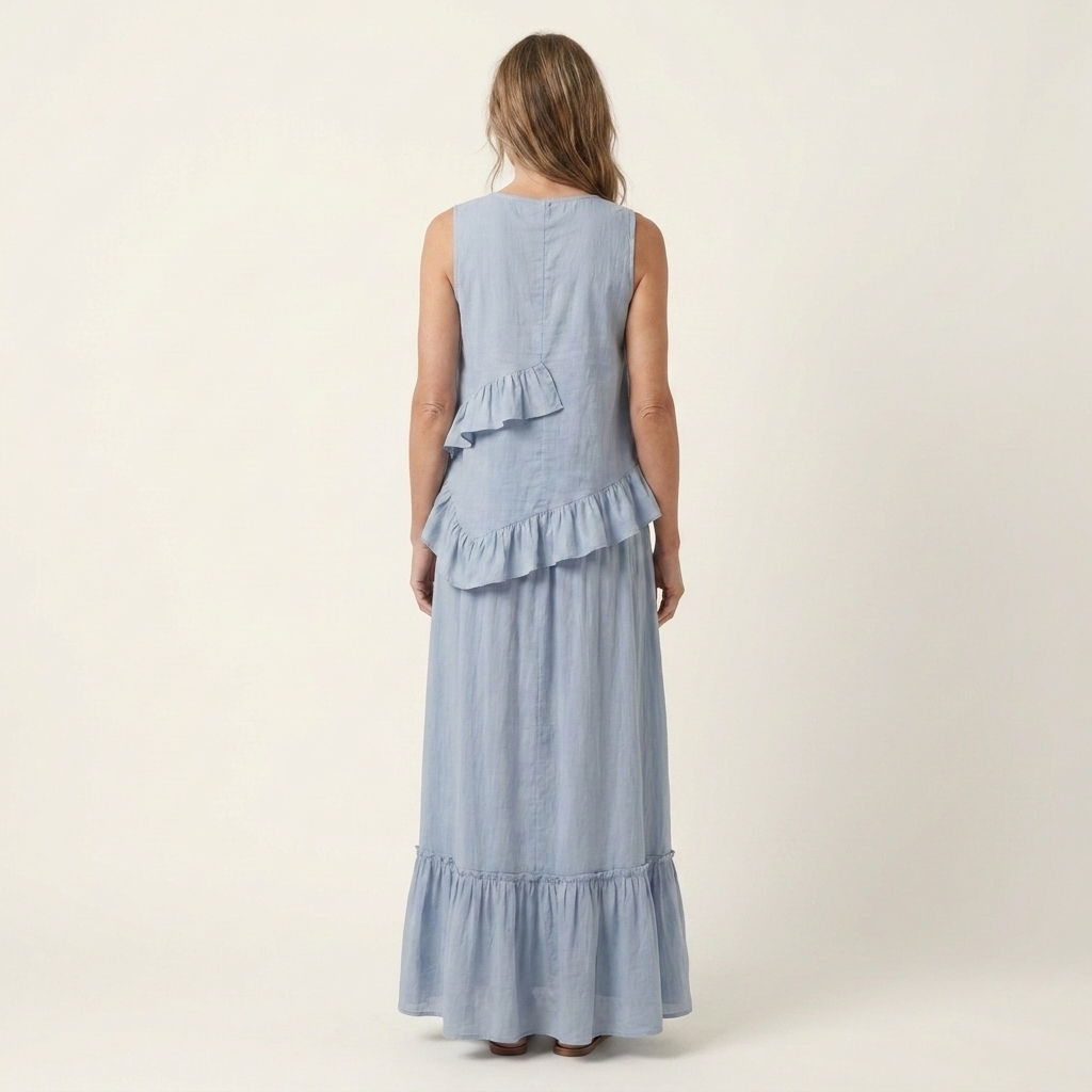 Kilana | Cotton-Linen Two-Piece Set With Ruffled Top And Tiered Maxi Skirt