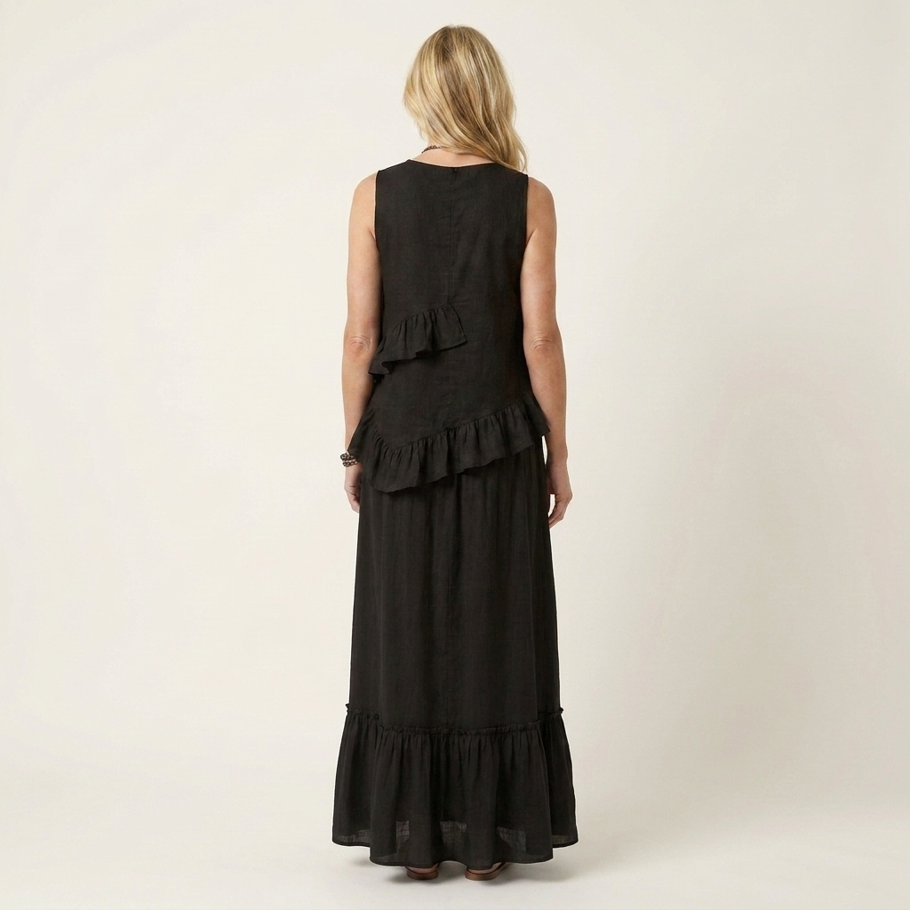 Kilana | Cotton-Linen Two-Piece Set With Ruffled Top And Tiered Maxi Skirt