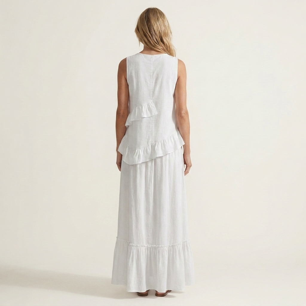 Kilana | Cotton-Linen Two-Piece Set With Ruffled Top And Tiered Maxi Skirt