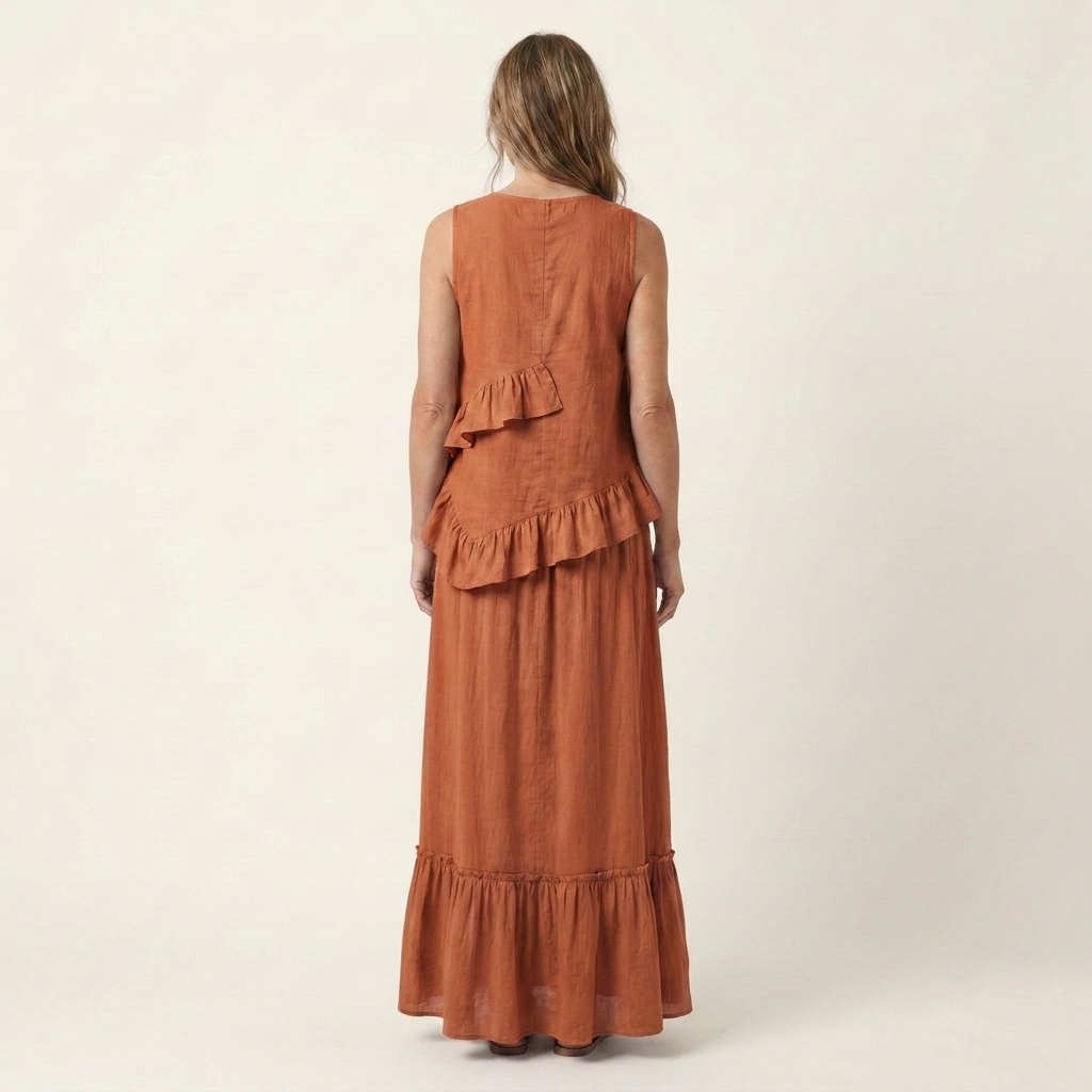 Kilana | Cotton-Linen Two-Piece Set With Ruffled Top And Tiered Maxi Skirt