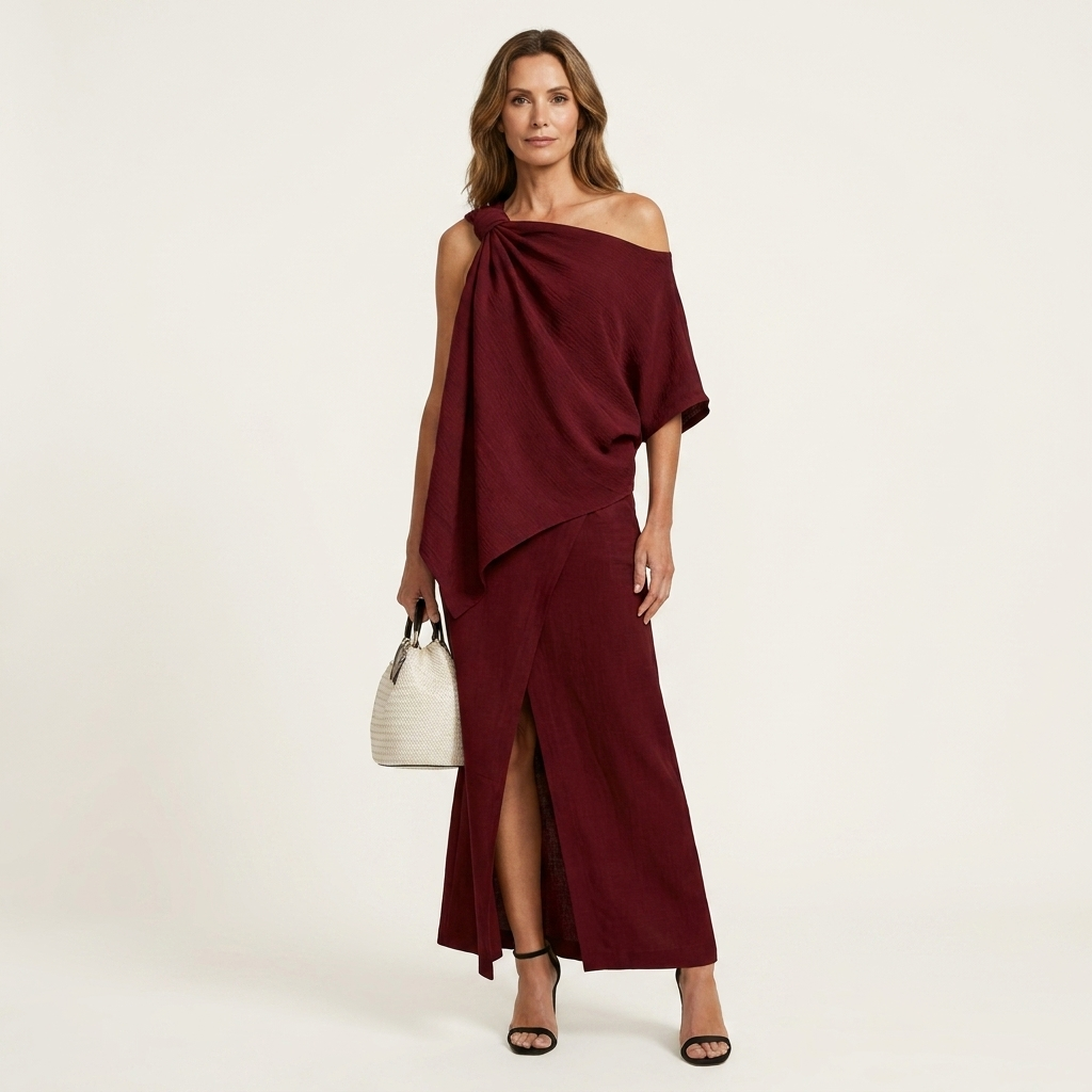 Mariala | Cotton-Blend Two-Piece Set With Knotted One-Shoulder Top And High-Slit Maxi Skirt