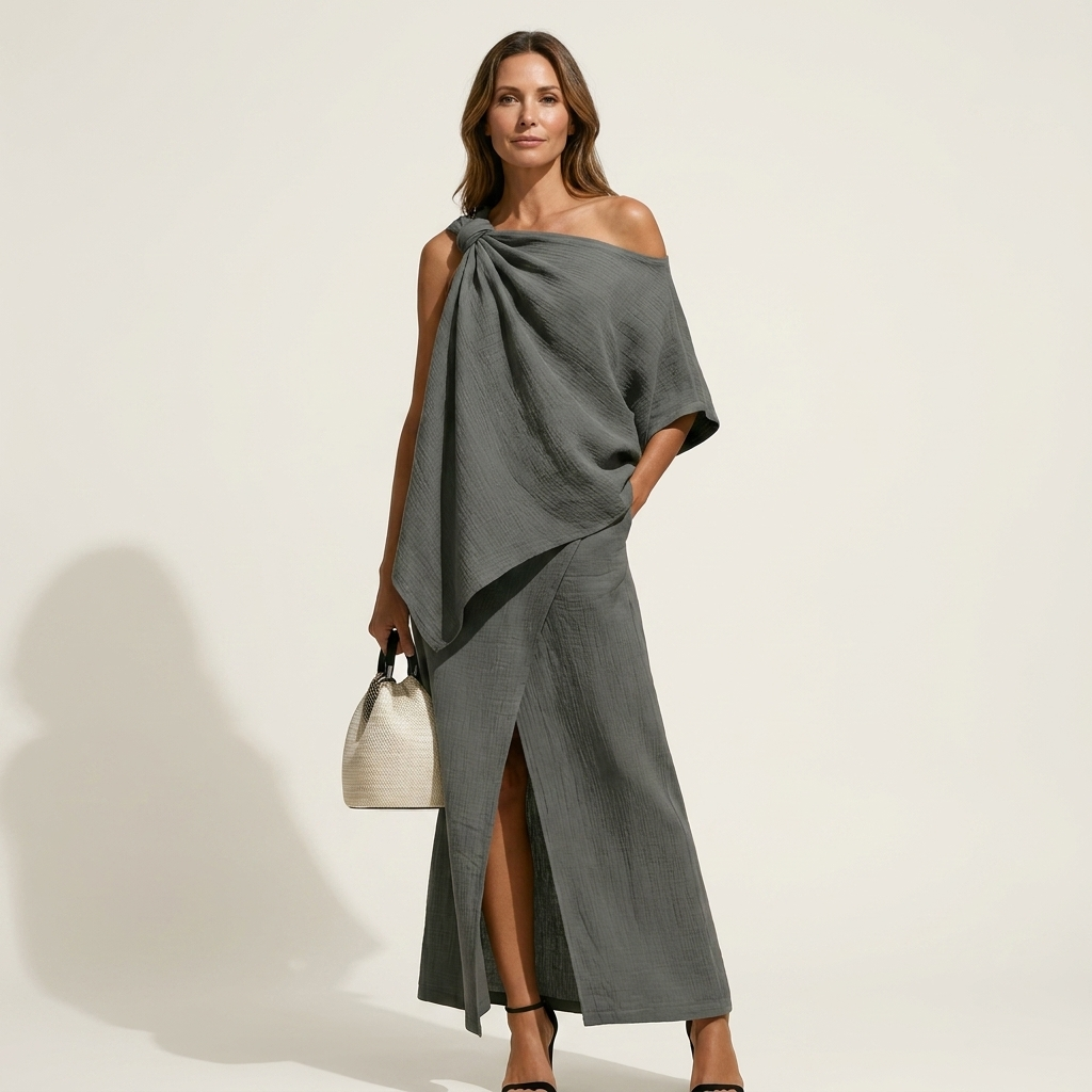 Mariala | Cotton-Blend Two-Piece Set With Knotted One-Shoulder Top And High-Slit Maxi Skirt