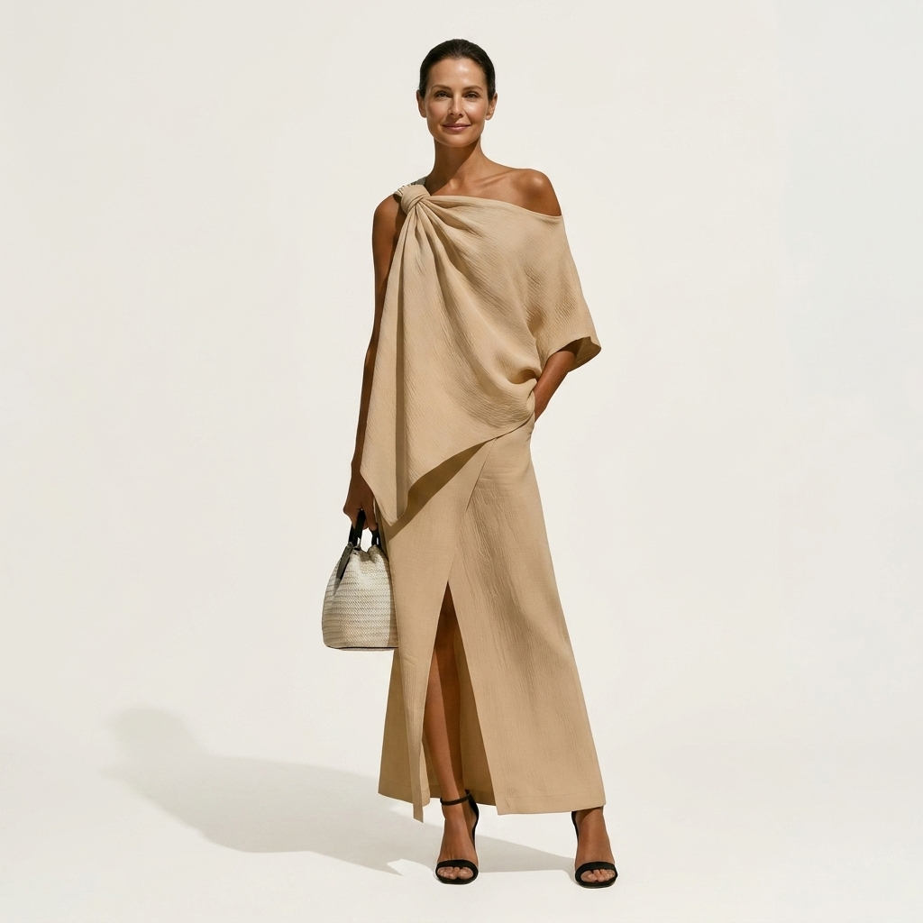 Mariala | Cotton-Blend Two-Piece Set With Knotted One-Shoulder Top And High-Slit Maxi Skirt