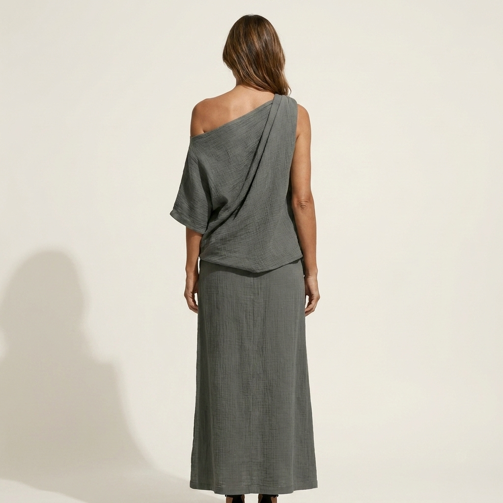 Mariala | Cotton-Blend Two-Piece Set With Knotted One-Shoulder Top And High-Slit Maxi Skirt
