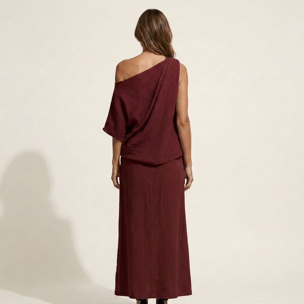 Mariala | Cotton-Blend Two-Piece Set With Knotted One-Shoulder Top And High-Slit Maxi Skirt
