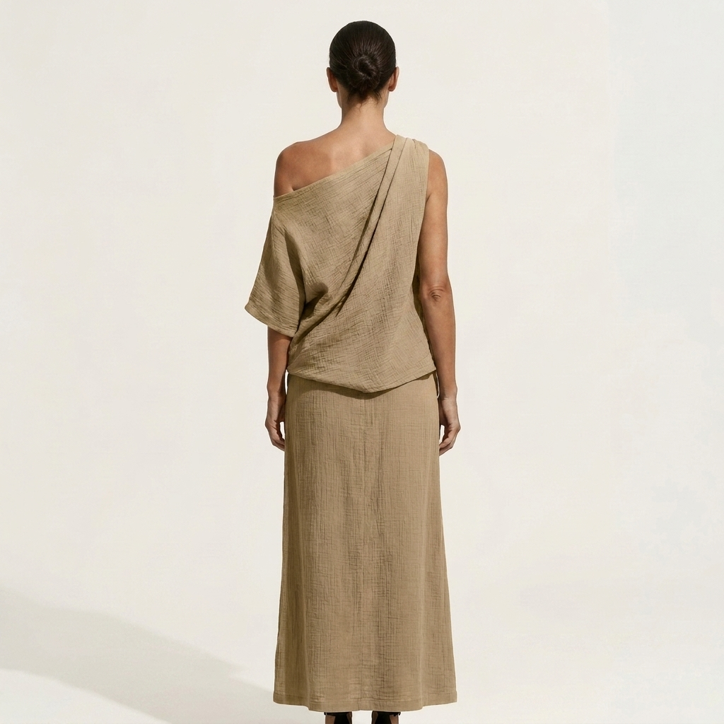 Mariala | Cotton-Blend Two-Piece Set With Knotted One-Shoulder Top And High-Slit Maxi Skirt