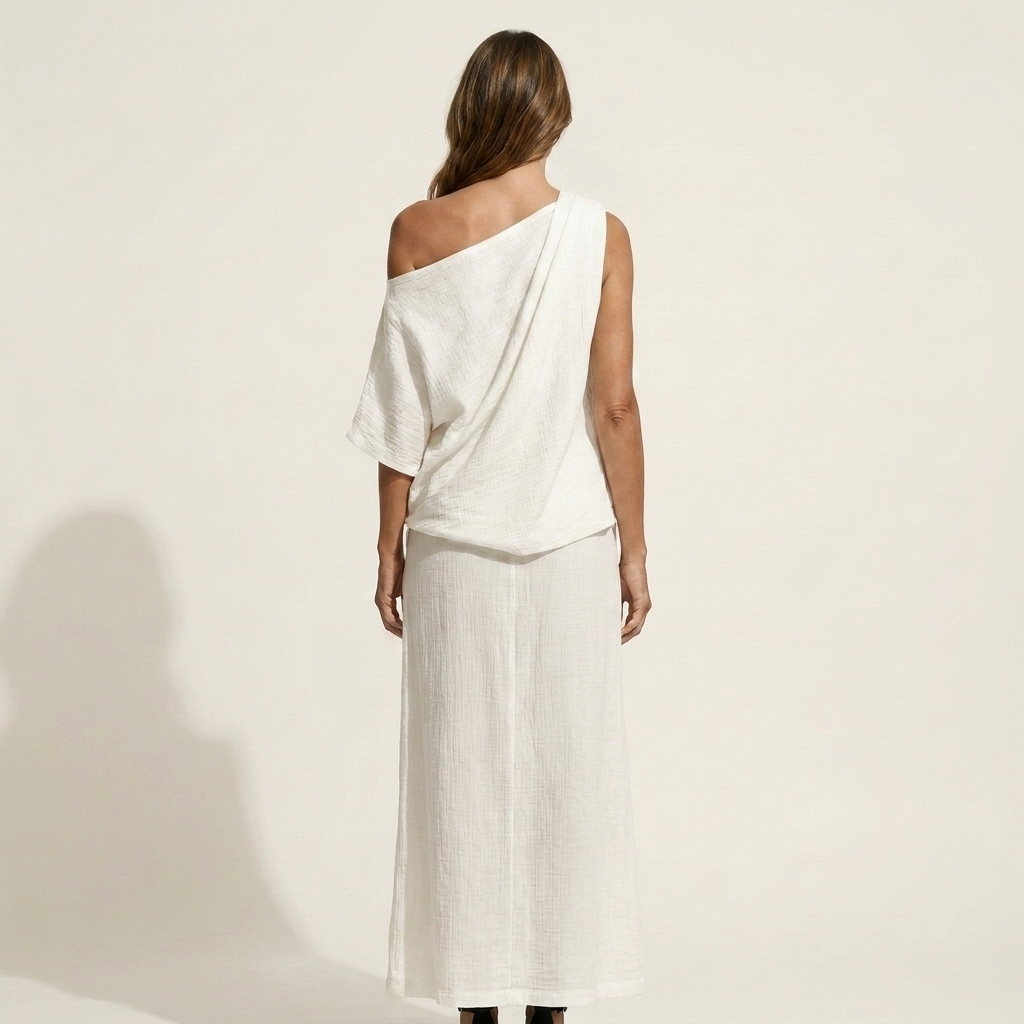 Mariala | Cotton-Blend Two-Piece Set With Knotted One-Shoulder Top And High-Slit Maxi Skirt