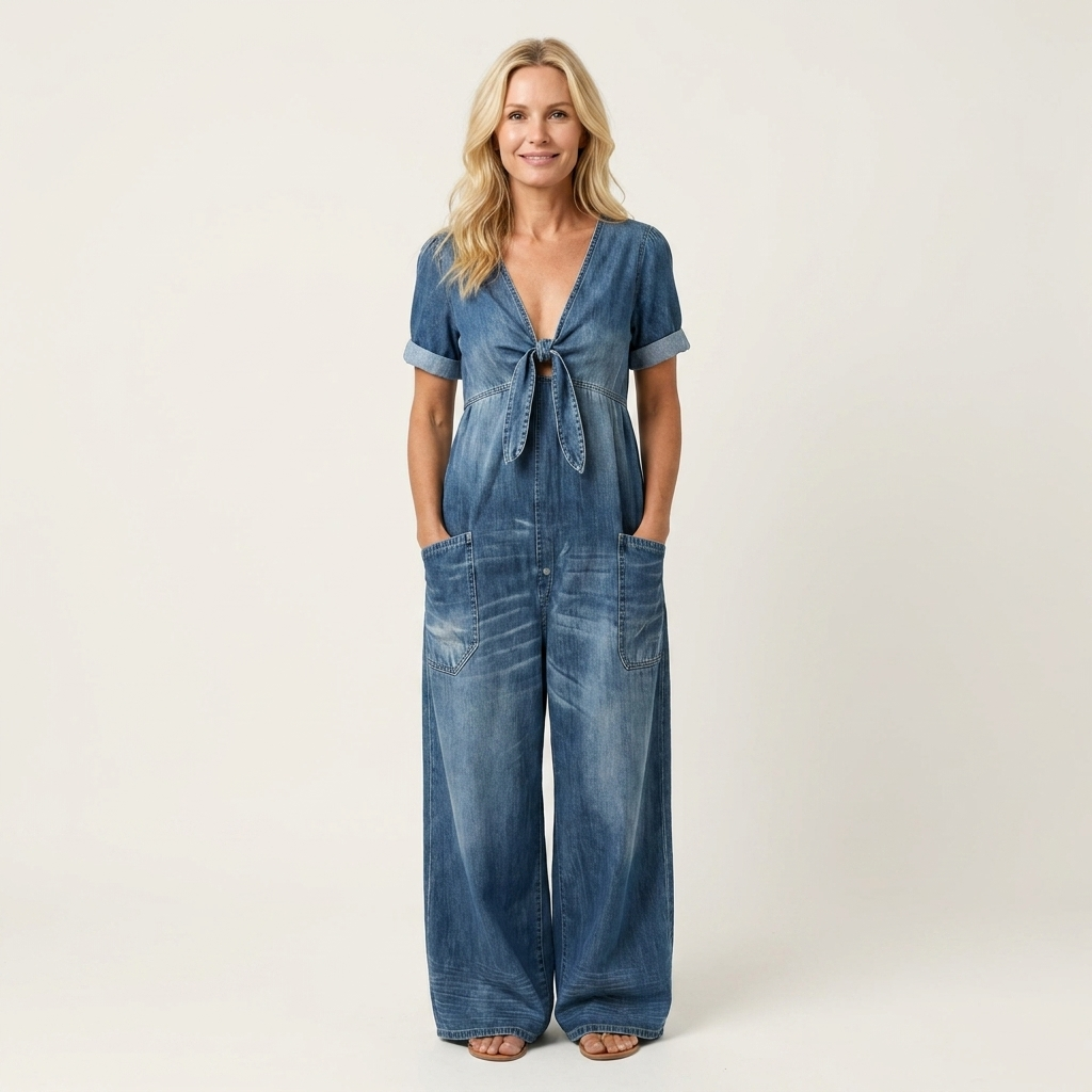 Maya | Soft Denim Wide-Leg Jumpsuit With Tie V-Neckline
