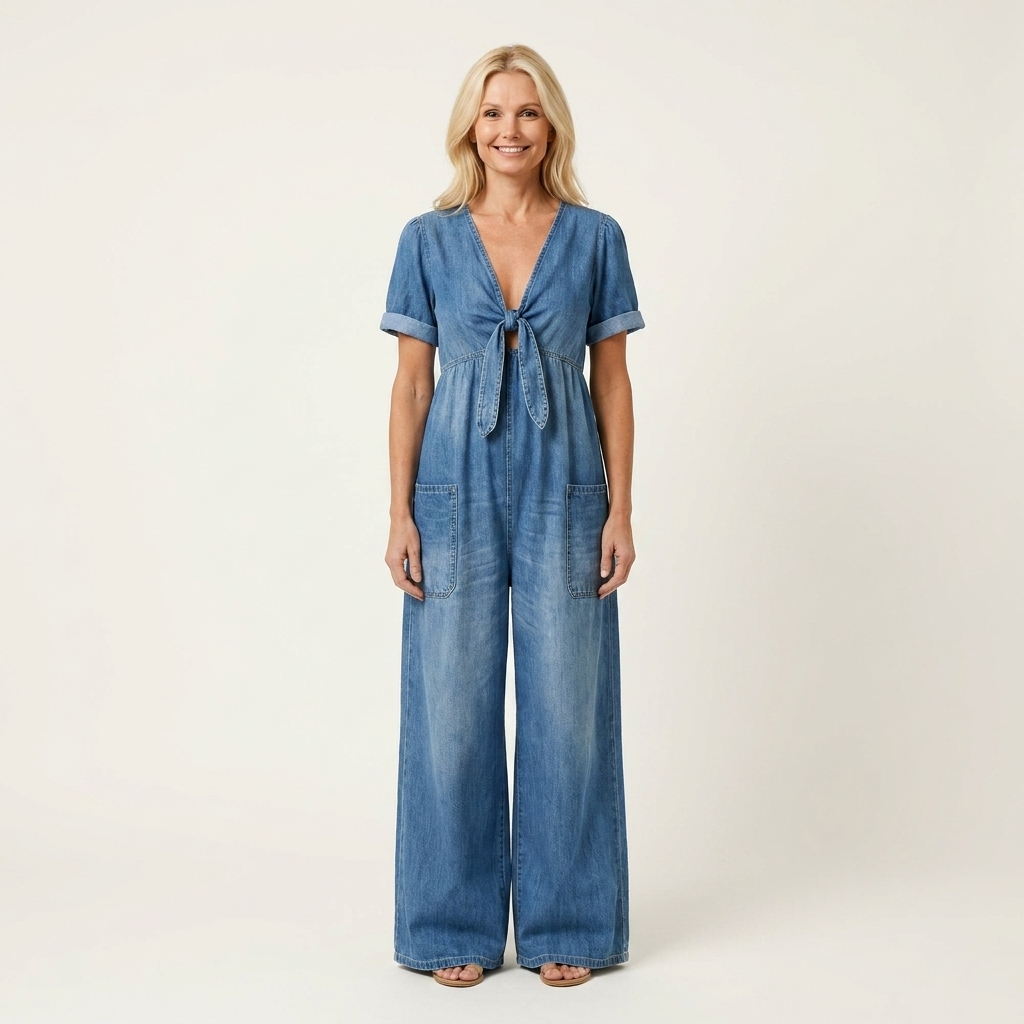 Maya | Soft Denim Wide-Leg Jumpsuit With Tie V-Neckline