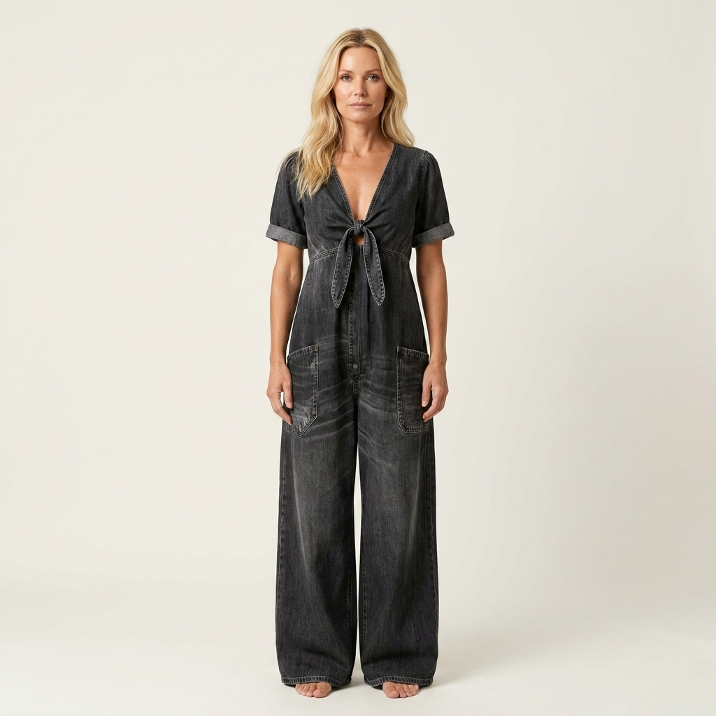 Maya | Soft Denim Wide-Leg Jumpsuit With Tie V-Neckline