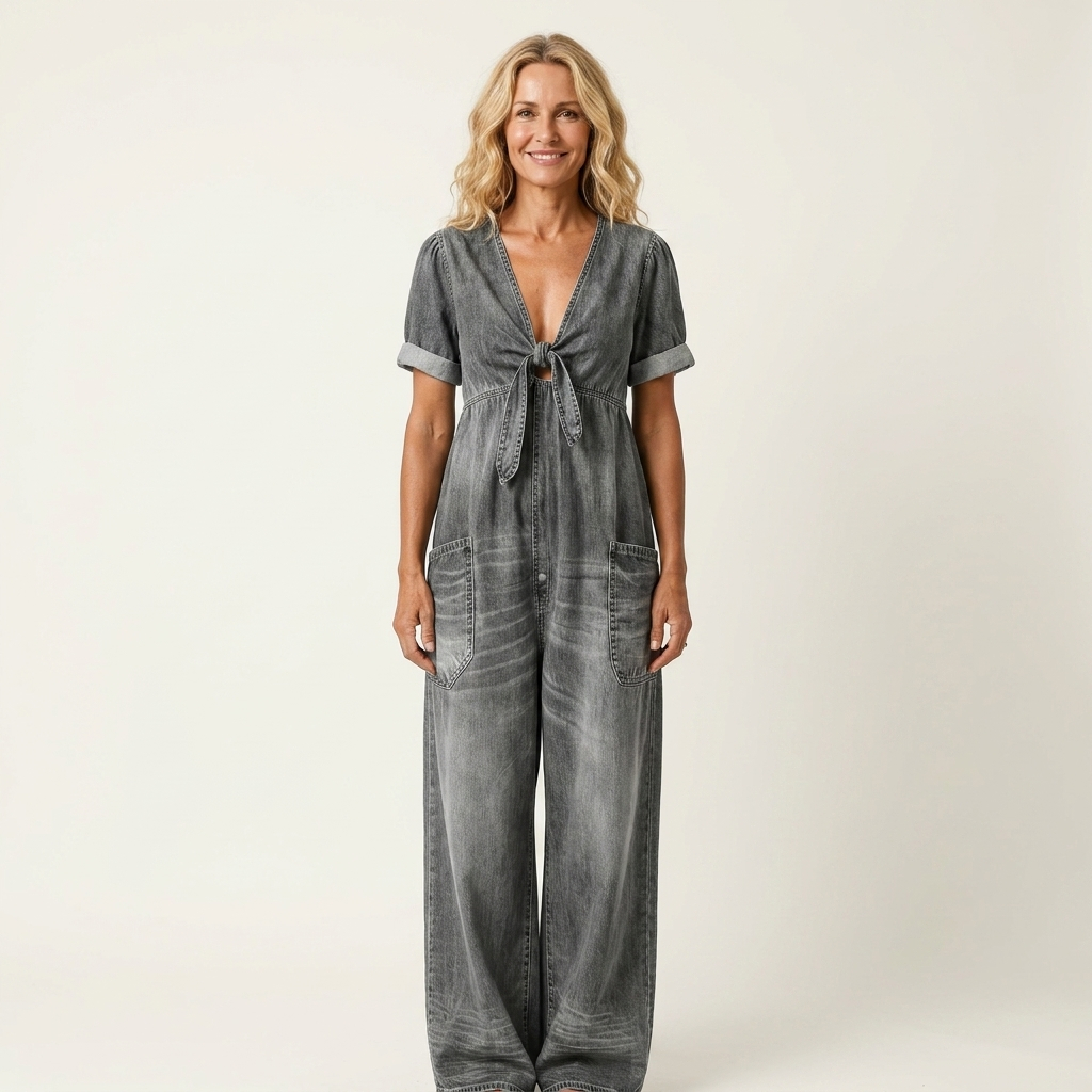 Maya | Soft Denim Wide-Leg Jumpsuit With Tie V-Neckline