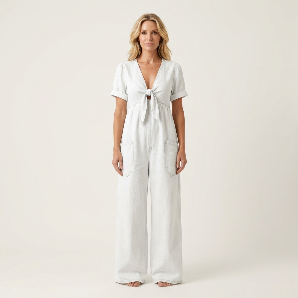 Maya | Soft Denim Wide-Leg Jumpsuit With Tie V-Neckline