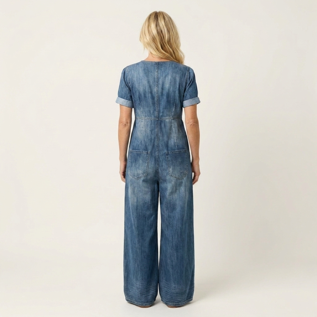 Maya | Soft Denim Wide-Leg Jumpsuit With Tie V-Neckline