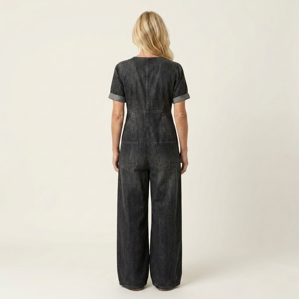 Maya | Soft Denim Wide-Leg Jumpsuit With Tie V-Neckline
