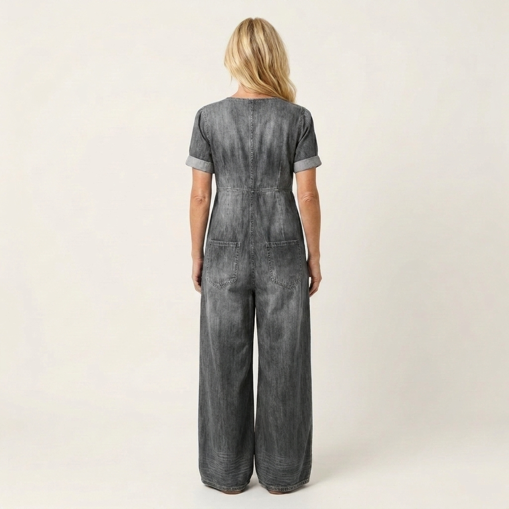 Maya | Soft Denim Wide-Leg Jumpsuit With Tie V-Neckline