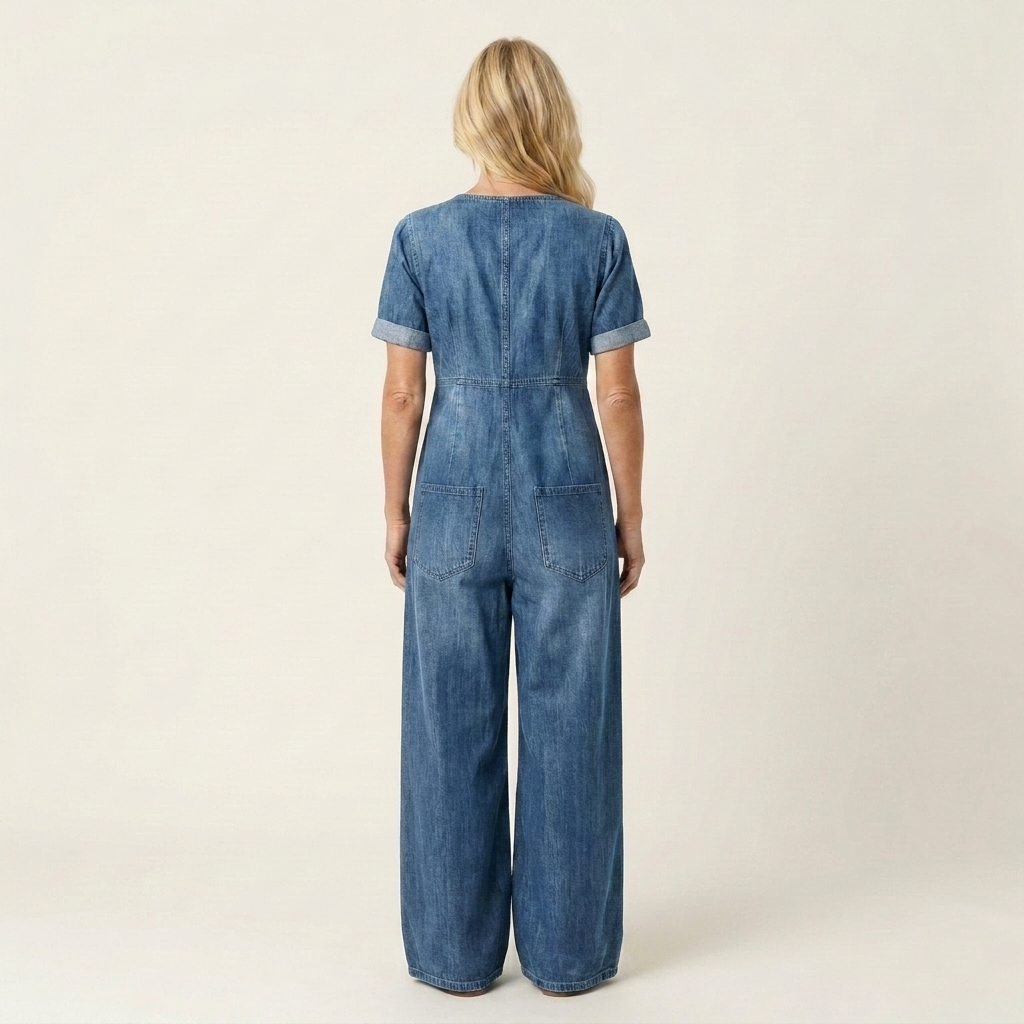 Maya | Soft Denim Wide-Leg Jumpsuit With Tie V-Neckline