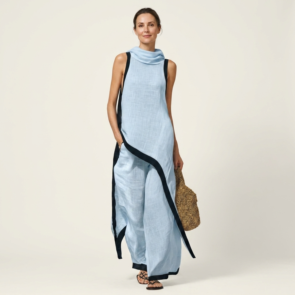 Leonora | Linen-Cotton Two-Piece With Draped Cowl Neck
