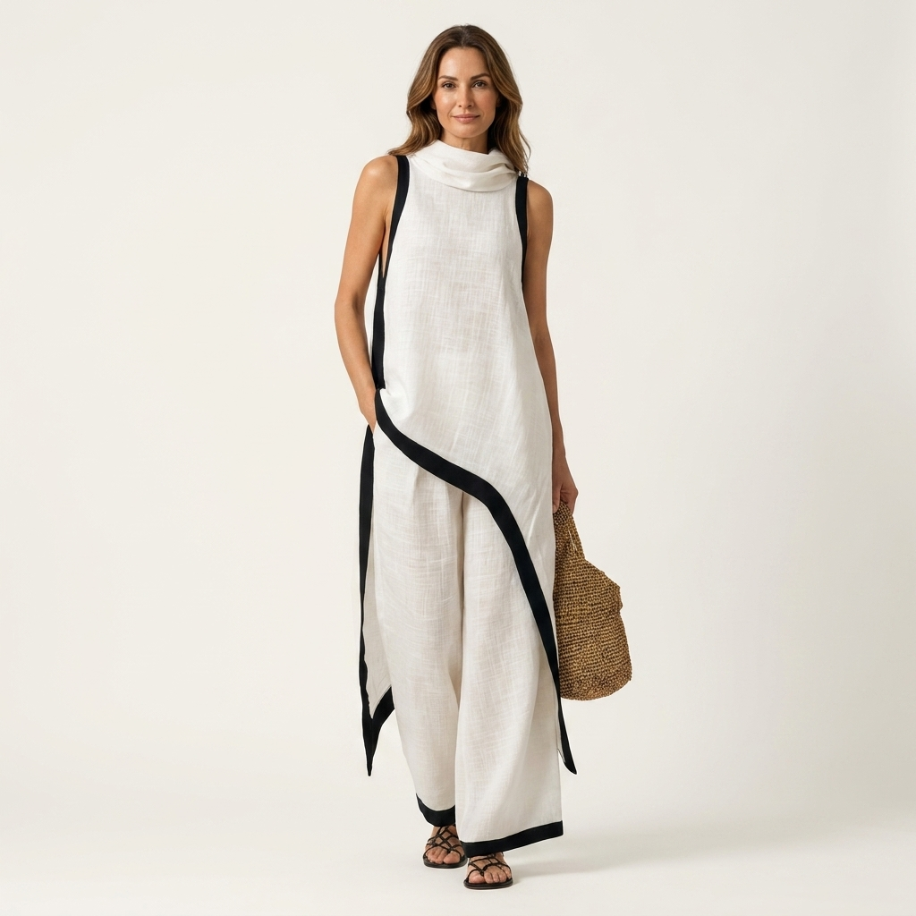 Leonora | Linen-Cotton Two-Piece With Draped Cowl Neck