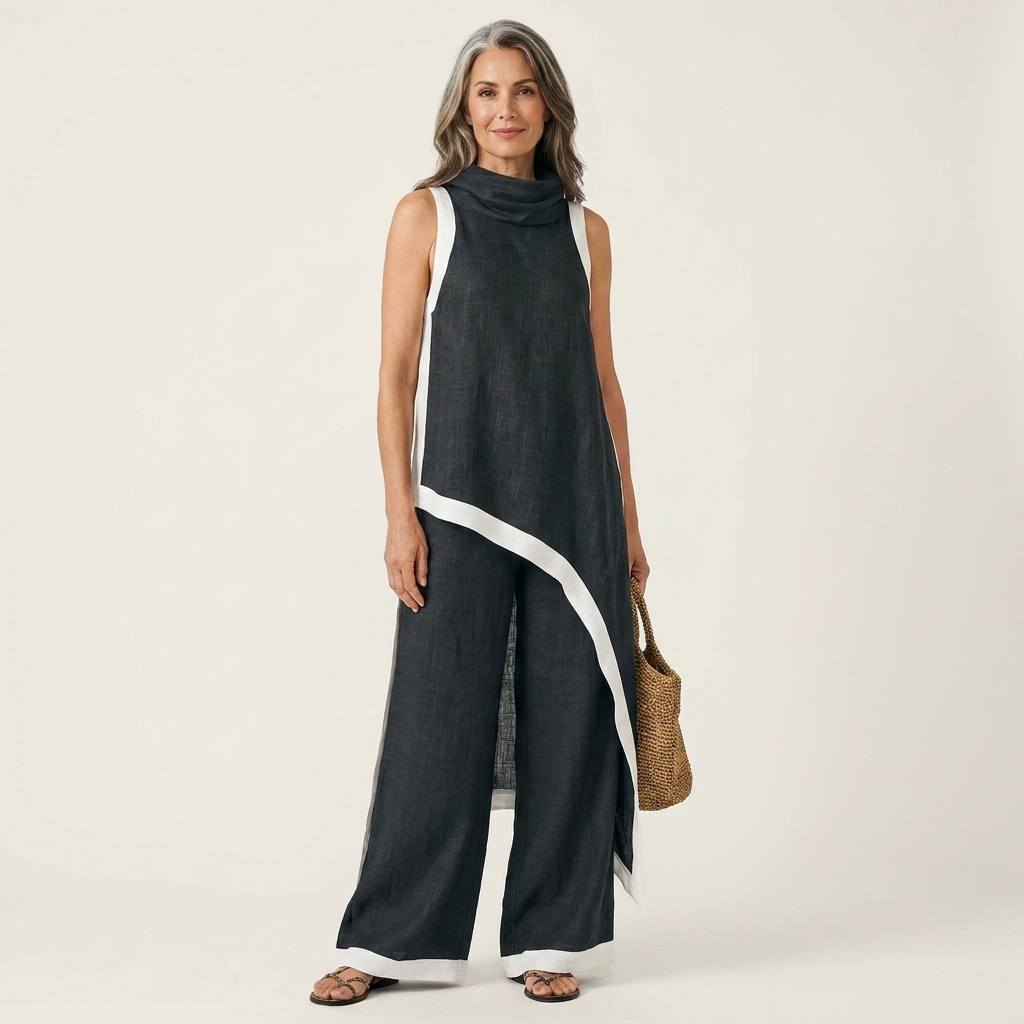 Leonora | Linen-Cotton Two-Piece With Draped Cowl Neck