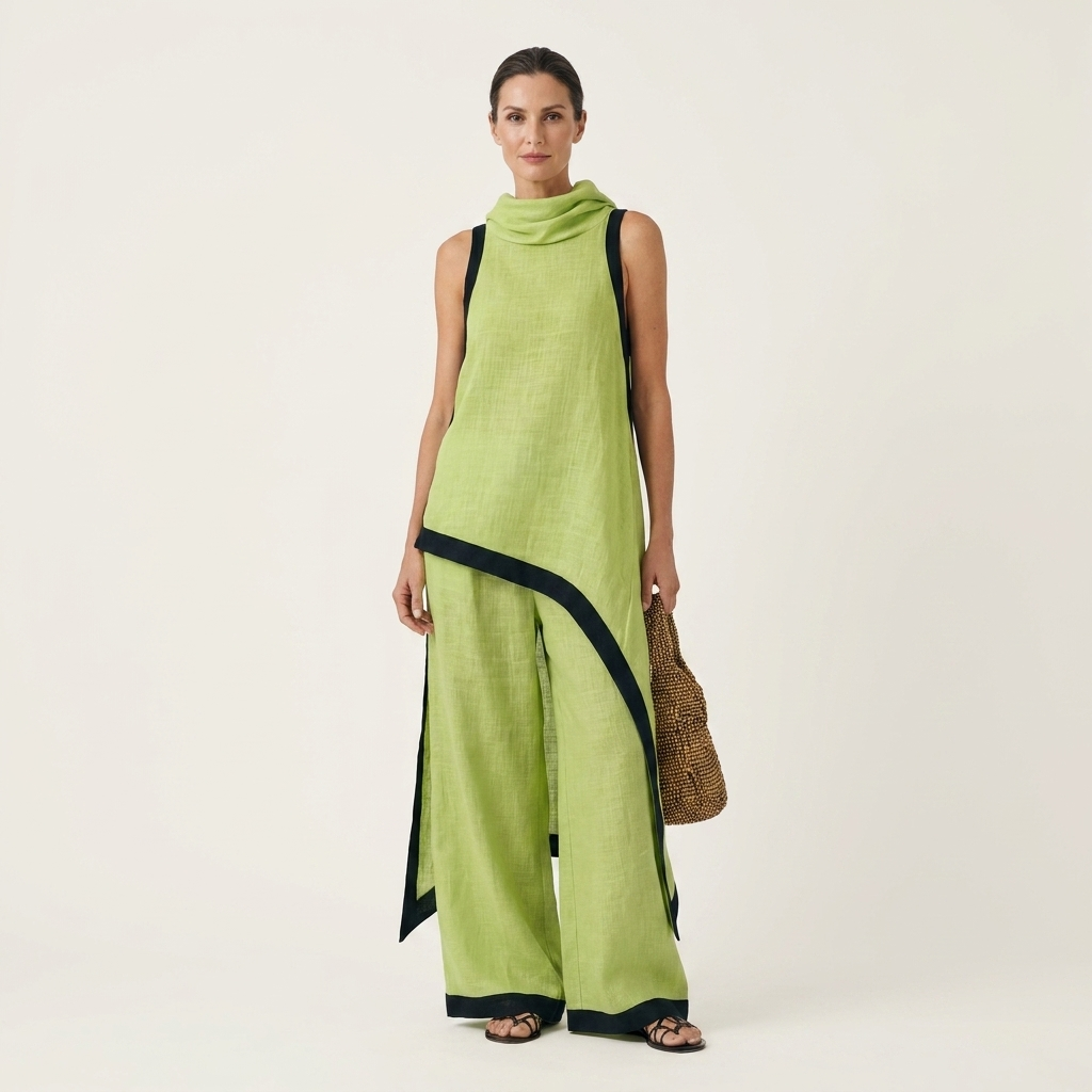 Leonora | Linen-Cotton Two-Piece With Draped Cowl Neck