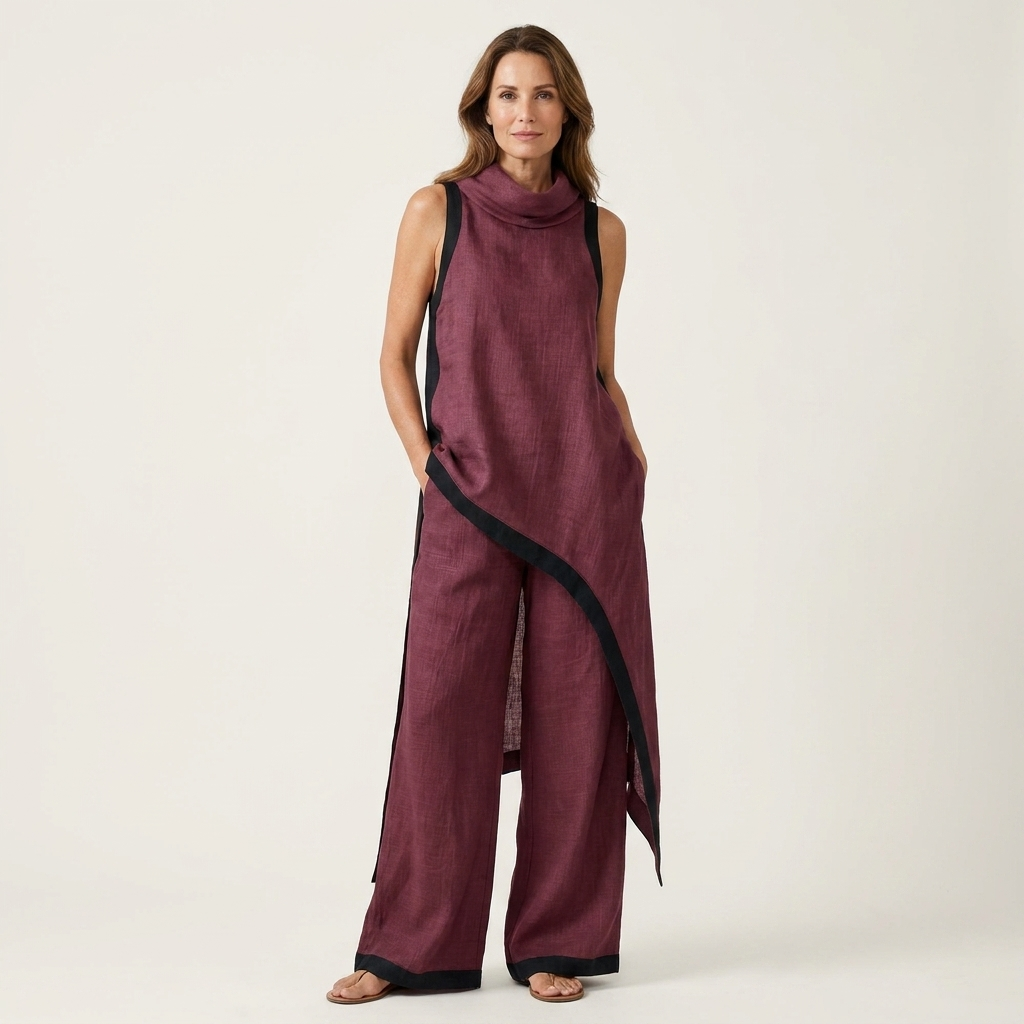 Leonora | Linen-Cotton Two-Piece With Draped Cowl Neck
